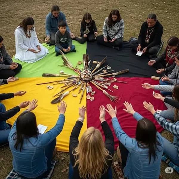 Un cercle de participants autour de tambours posés au sol