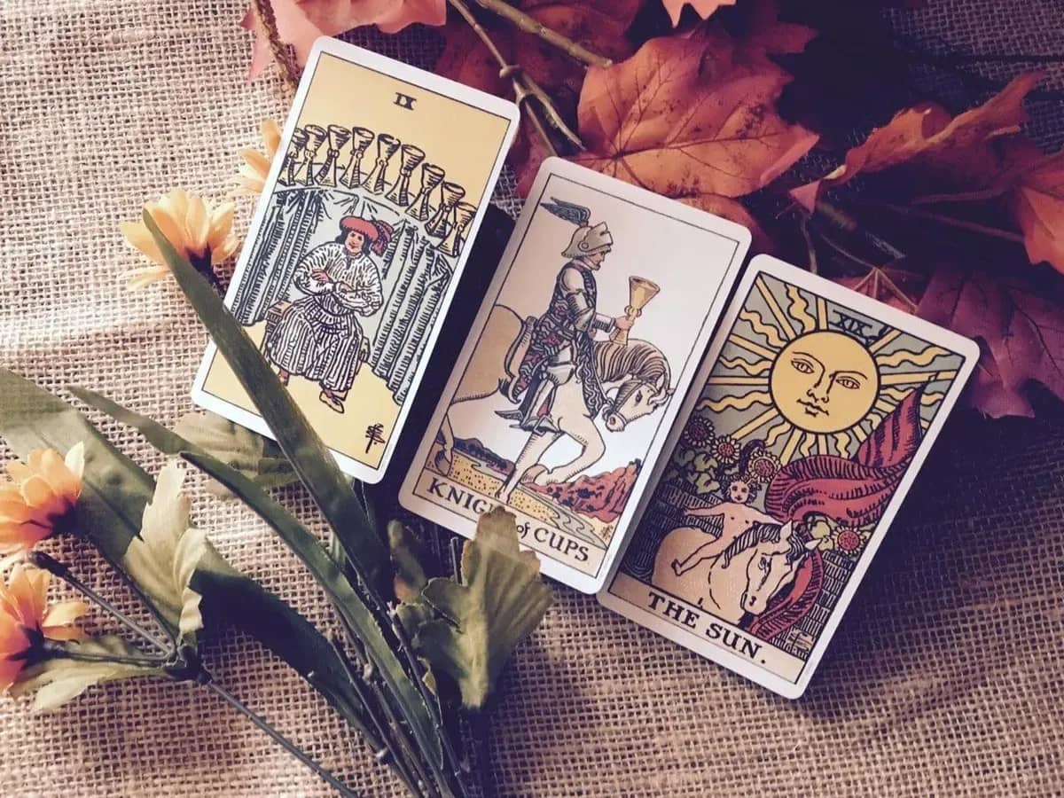 Trois arcanes du Tarot posées parmi des fleurs d’automne