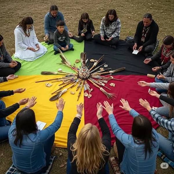 Un cercle de sagesse : les participants autour des tambours